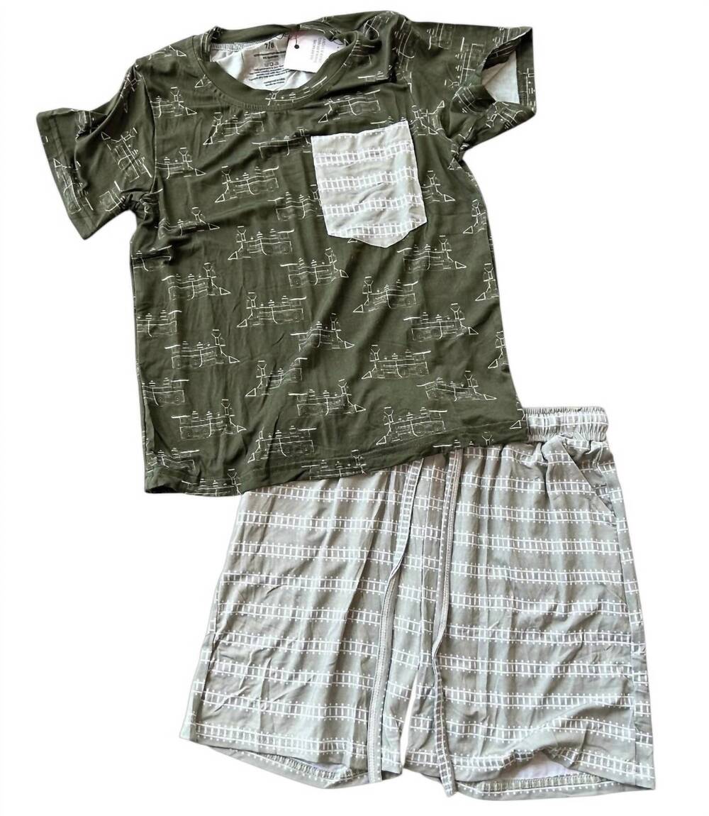 NEW LAREE + CO. boy's thomas trains bamboo youth t-shirt & shorts set in green
